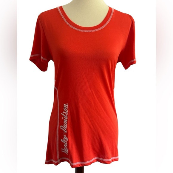 Harley-Davidson Orange Red Fitted Lightweight Short Sleeve Top Size Medium - Picture 1 of 10